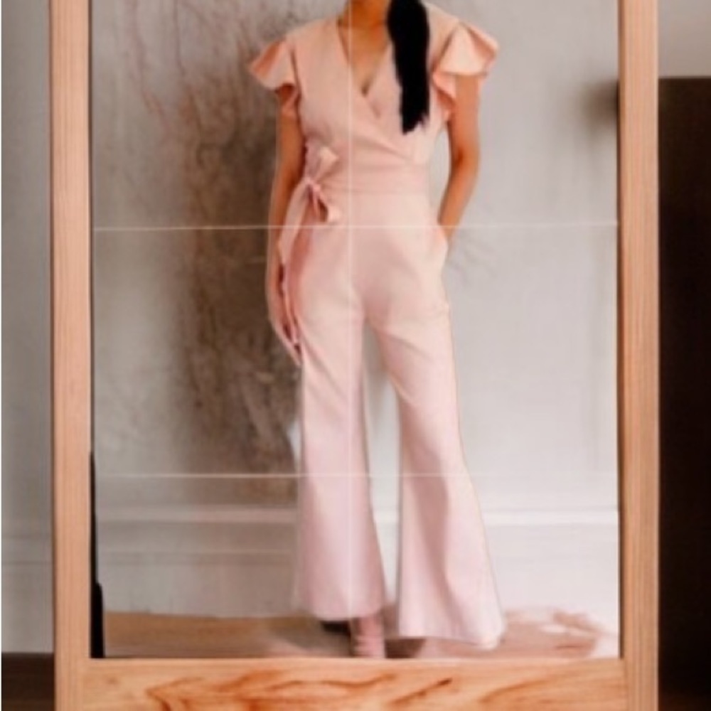 Rachel Parcell Pale Pink Ruffled Sleeve Tie Waist Pantsuit Sz S Belted